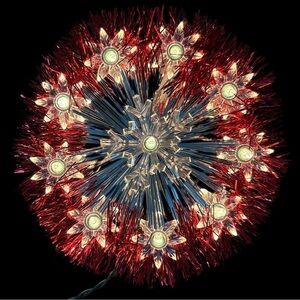 Vtg Christmas Tree Topper Red Silver Tinsel 7" Mid Century 10 Lights Clear Star